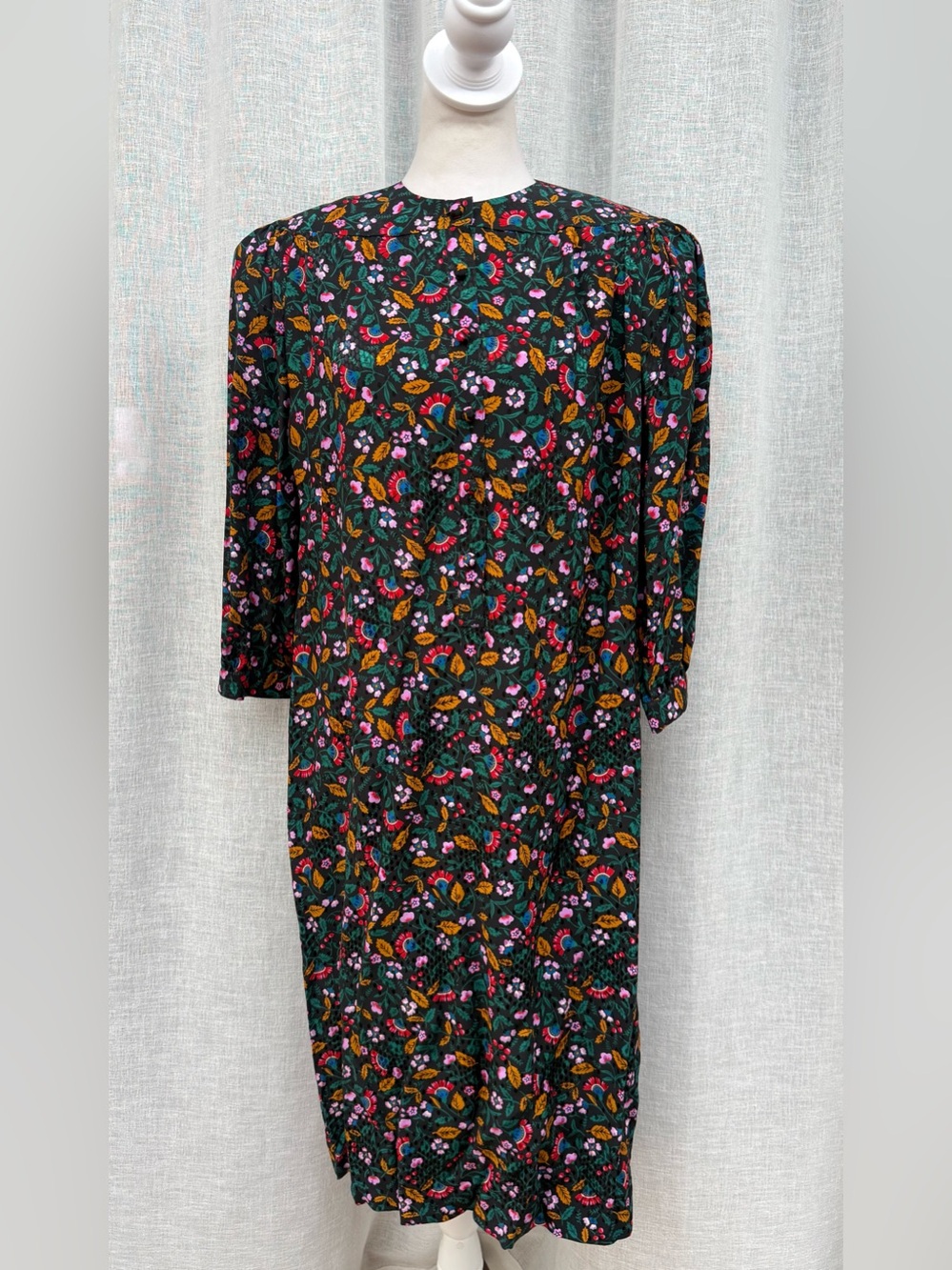 Vintage Mariko floral shift long sleeve silk dress